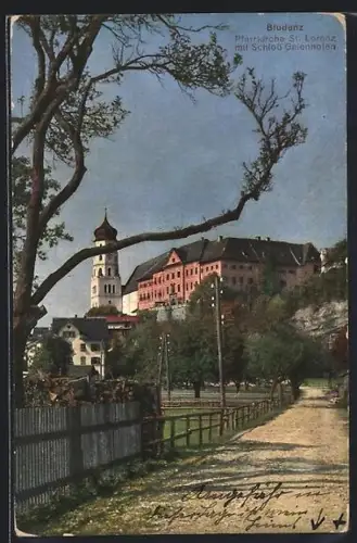 AK Bludenz, Pfarrkirche St. Lorenz mit Schloss Gaienhofen