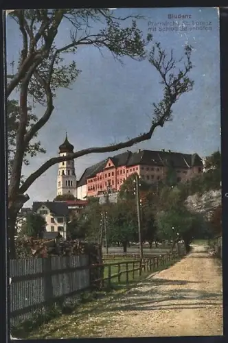 AK Bludenz, Strassenpartie mit Pfarrkiche St. Lorenz und Schloss Gaienhofen