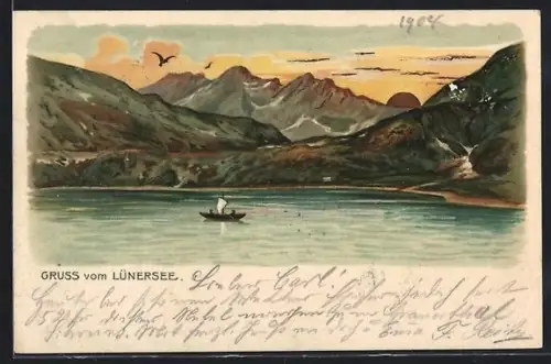 Lithographie Lünersee, Boot auf dem See
