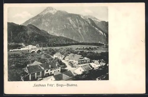 AK Bings-Bludenz, Gasthaus Fritz mit Bergpanorama