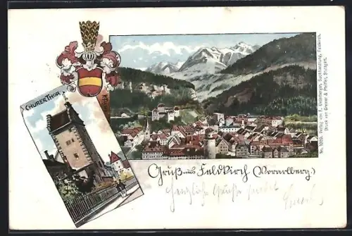 AK Feldkirch /Vorarlberg, Churer Tor und Ortsansicht aus der Vogelschau, Wappen