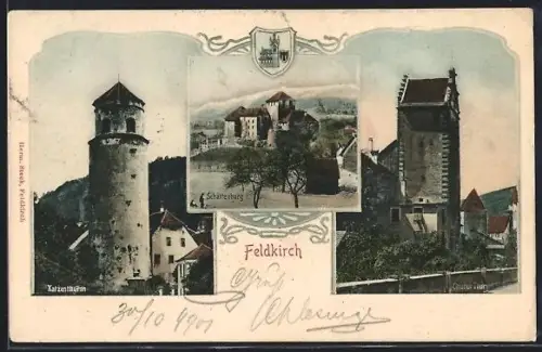 AK Feldkirch, Schattenburg, Churer Thor, Katzenturm
