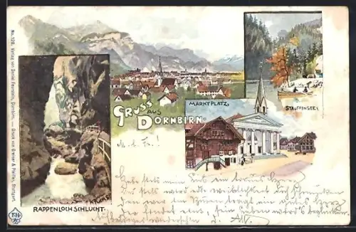 Lithographie Dornbirn, Rappenlochschlucht, Marktplatz und Stauffensee