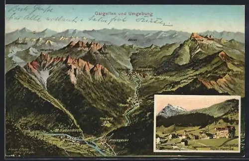 AK Gargellen, Ortsansicht, Hotel Madrisa, Karte mit umliegenden Orten und Bergen
