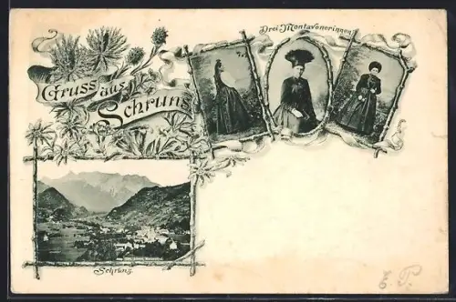AK Schruns, Drei Montavonerinnen in Tracht, Ortsansicht