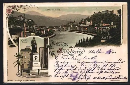 Lithographie Salzburg, Flusspartie und Mozartdenkmal