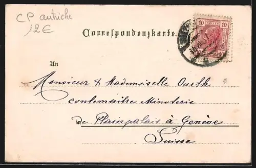 Lithographie Salzburg, Flusspartie und Mozartdenkmal