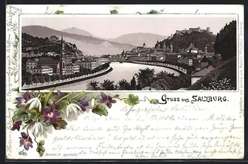 Lithographie Salzburg, Blick auf die Stadt, Passepartout mit Blumen