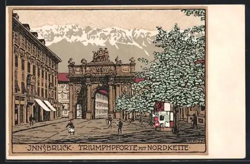 Steindruck-AK Innsbruck, Triumphpforte mit Nordkette