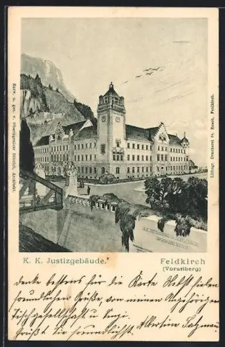 AK Feldkirch /Vorarlberg, K. K. Justizgebäude mit Brücke und Säulendenkmal