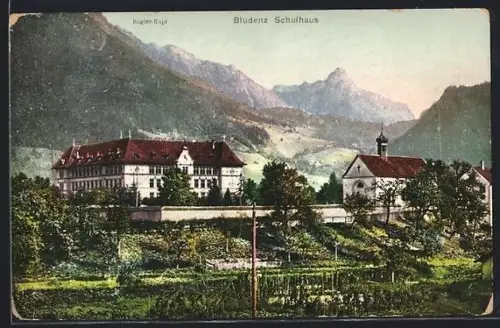 AK Bludenz, Schulhaus mit Kirche gegen Rogler-Kopf