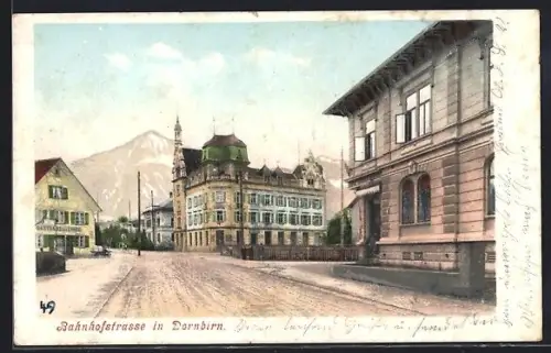AK Dornbirn, Bahnhofstrasse mit Gasthaus zur Linde