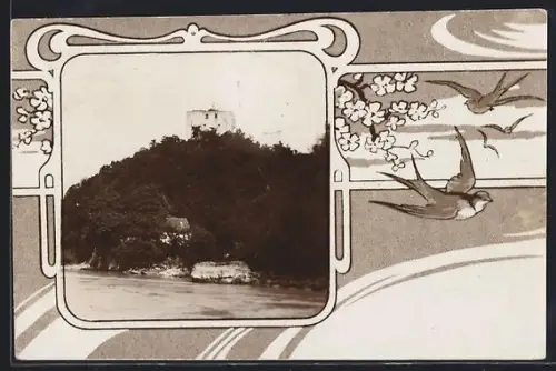 AK Hollenburg, Burgansicht vom Wasser aus, Ornament-Rahmen, Schwalben