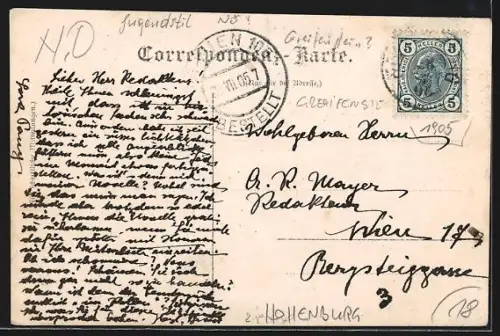 AK Hollenburg, Burgansicht vom Wasser aus, Ornament-Rahmen, Schwalben