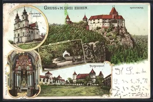 Lithographie Rosenburg-Mold, Maria Dreieichen, Rosenburg, Tournierhof, Kirche, Altar