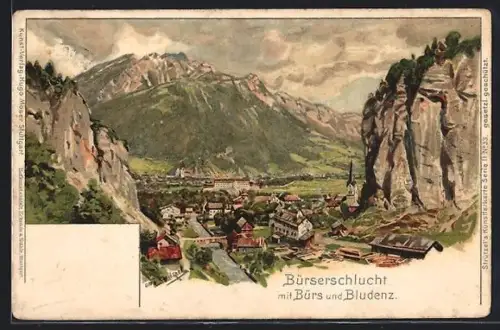 Künstler-Lithographie Otto Strützel: Bürs, Blick in die Bürserschlucht und nach Bludenz