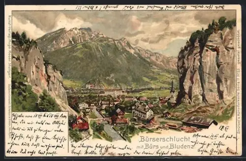 Künstler-Lithographie Otto Strützel: Bürs, Blick in die Bürserschlucht und nach Bludenz