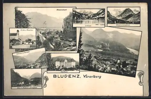 AK Bludenz /Vorarlberg, Schulhaus, Kirche u. Rhätikon, Bürserschlucht, Ortsansicht