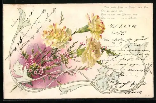AK Nelkenbukett und Jugendstil-Ornamentik