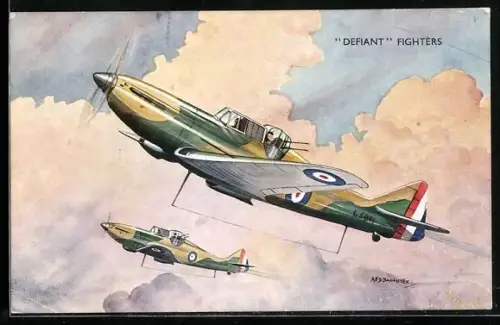 Künstler-AK Defiant Fighters, Kampflugzeuge mit MG-Kanzel