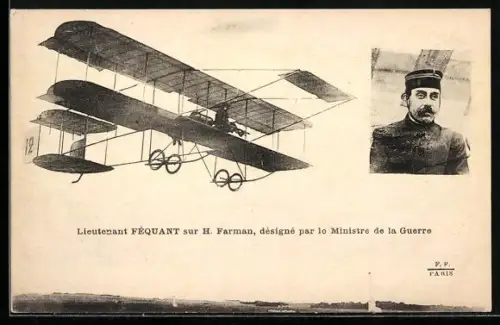 AK Lieutenant Féquant im Doppeldecker-Flugzeug von H. Farman