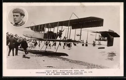 AK Daily Mail Waterplane Tour 1912, Henry Farman Waterplane on the beach, Wasserflugzeug