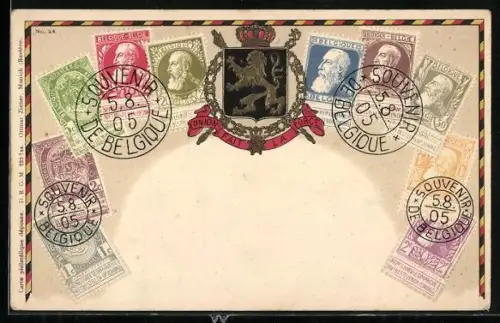 AK Belgien, Briefmarken und Wappen des Landes