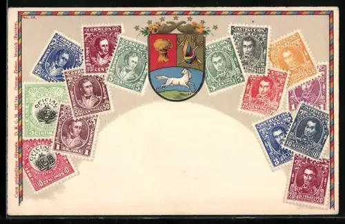 Lithographie Venezuela, Briefmarken und Wappen, Bolivar
