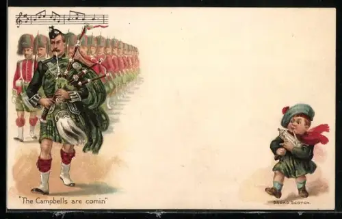 Künstler-AK The Campbell`s are comin, Broad Scotch, britischer Dudelsackspieler
