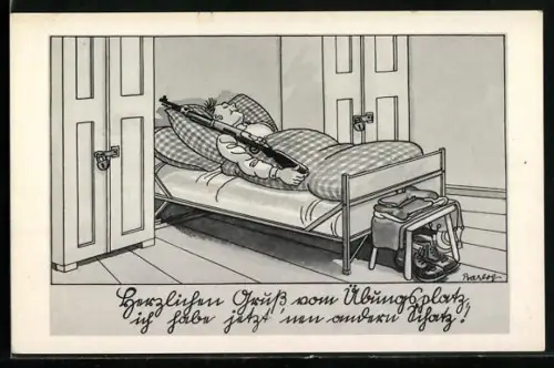 Künstler-AK Ferdinand Barlog: Schlafsaal, Soldat mit Gewehr im Bett, 2. Weltkrieg