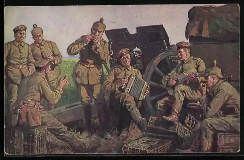 AK Künstler der Batterie, Artillerie-Geschütz, Soldaten beim Musizieren, Akkordeon