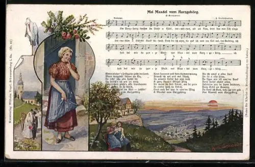 Künstler-AK Rudolf Schneider: Mei Maadel vum Aarzgebörg, schüchternes Mädchen, Storch, Hochzeit, Lied