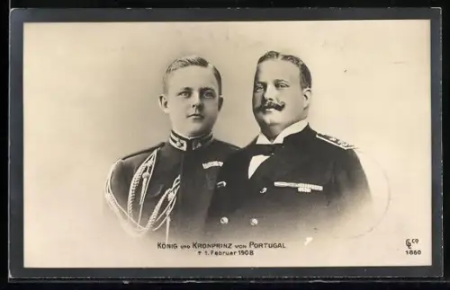 AK König und Kronprinz von Portugal in Uniform, Trauerrand 1908
