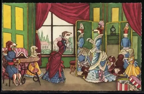 AK Hunde beim Anprobieren von Kleidern, vermenschlichte Tiere