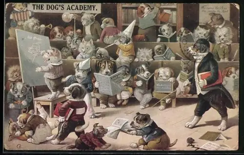 AK vermenschlichte Tiere, The Dog`s Academy, Hunde als Schulklasse, Bulldogge