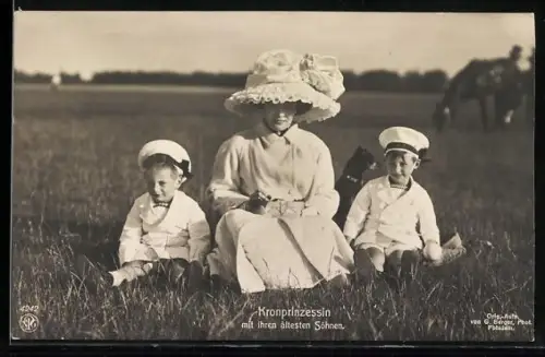 AK Kronprinzessin Cecilie mit ihren ältesten Söhnen auf einer Wiese sitzend