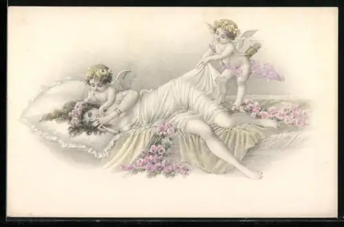 AK Zwei Amoretten wecken die schlafende Schöne