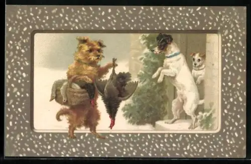 AK Hund mit erlegtem Truthahn vor der Tür, vermenschlichte Tiere