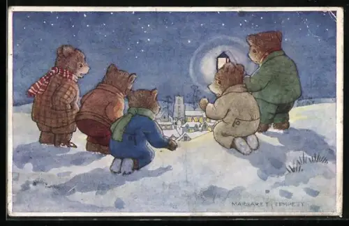 Künstler-AK Margaret Tempest: Bären schauen im Winter in das Dorf