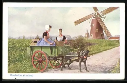 AK Zeeland, Hondenkar, Niederländerinnen mit Hundekarren und Windmühle