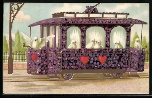 Künstler-AK Weisse Tauben fahren in einer Strassenbahn, Blumenbild