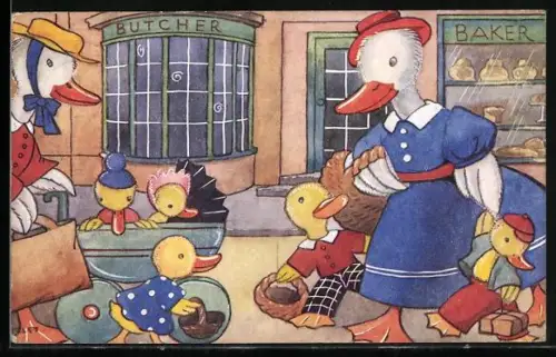 Künstler-AK sign. Violet M. Williams: Shopping, Gänsefamilie beim Einkaufen