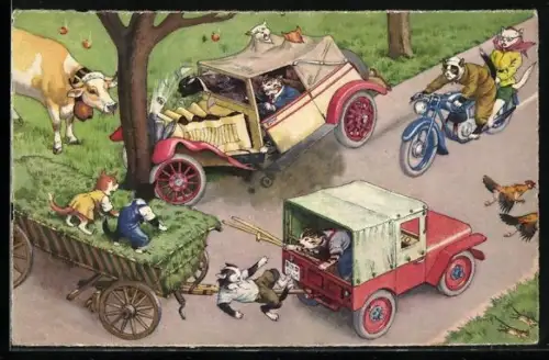 Künstler-AK Katzen bauen Unfall auf der Strasse