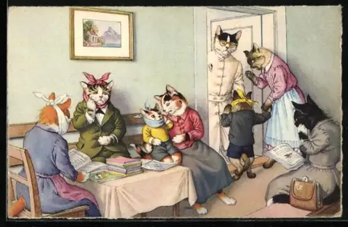 AK Vermenschlichte Katzen sitzen beim Zahnarzt im Wartezimmer