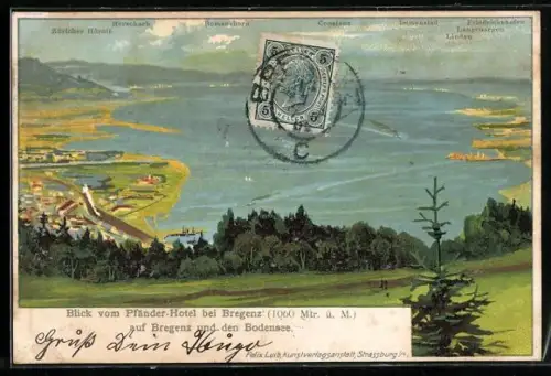 Künstler-AK Bregenz, Blick vom Pfänder-Hotel auf den Ort und den Bodensee