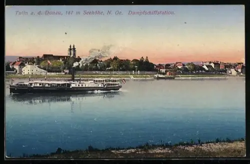 AK Tulln a. d. Donau, Ortsansicht mit Dampfer