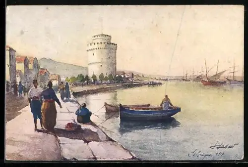 Künstler-AK Salonique, La Tour blanche, Boote