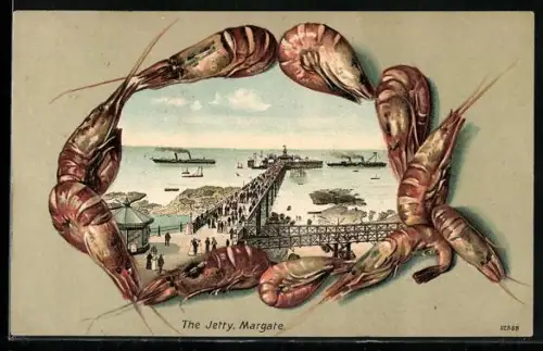 Passepartout-Lithographie Margate, the Jetty, Schalentieren-Rahmen
