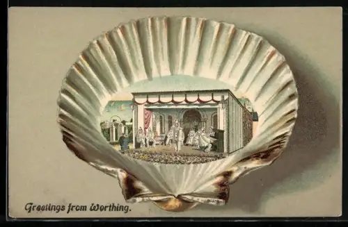 Passepartout-Lithographie Worthing, Theater im Muschel-Passepartout