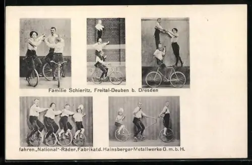 AK Freital-Deuben /Dresden, Familie Schieritz, Akrobatische Kunststücke, Reklame National-Fahrräder aus Hainsberg